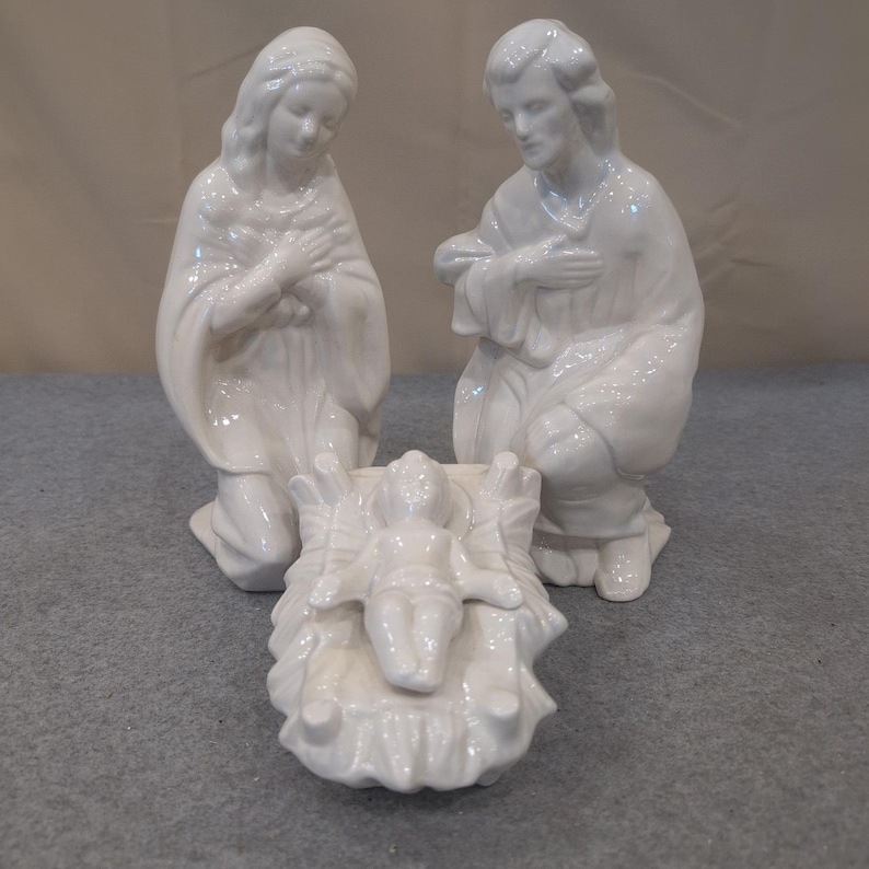 White Glazed Ceramic Nativity Set 3 Piece Holy Family Mary Joseph Baby Jesus image 1