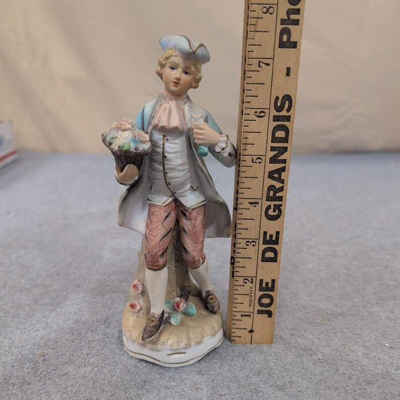 Vintage Hand Painted Porcelain Colonial Man Figurine with Flower Basket Blue image 4
