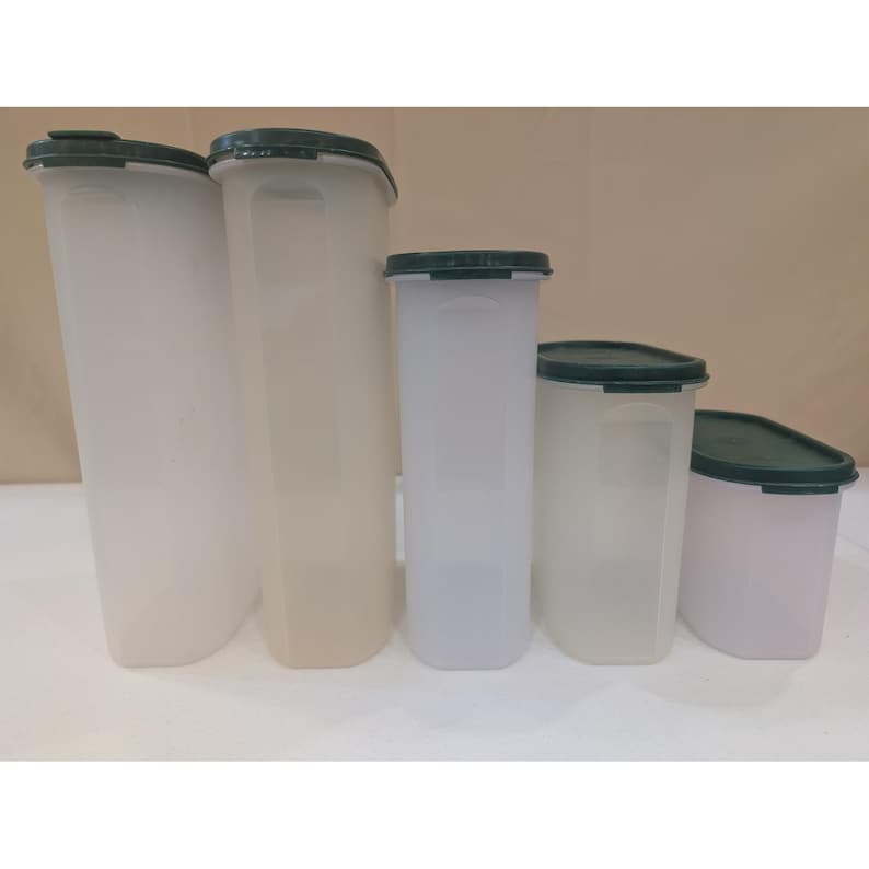 Tupperware Modular Mates Oval Storage Containers Set 5 Pieces Green Lids Vintage image 1