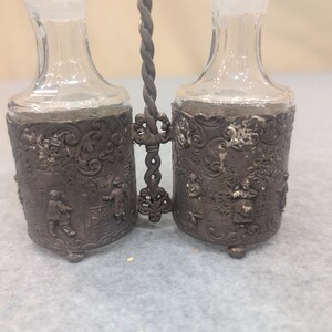 Vintage Dutch Windmill Cruet Set Glass Bottles Ornate Metal Caddy Village Scene image 10