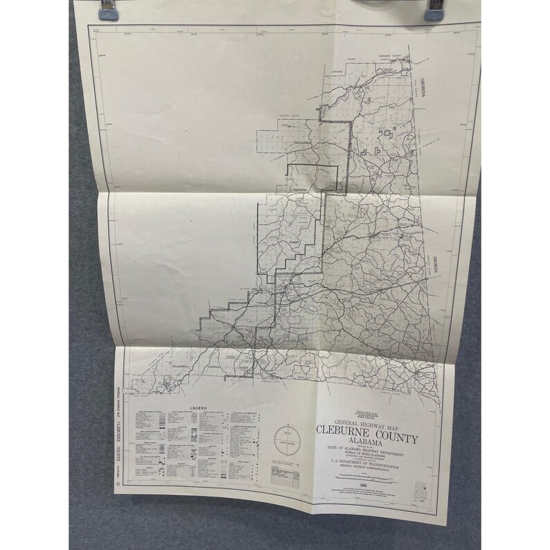 Vintage 1981 Cleburne County, Alabama, snelwegkaart, weg 24 x 18 inch Heflin Ranburne afbeelding 1