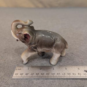 Vintage Ceramic Elephant Figurine Trunk Up Good Luck Glossy Grey Tan Painted image 3