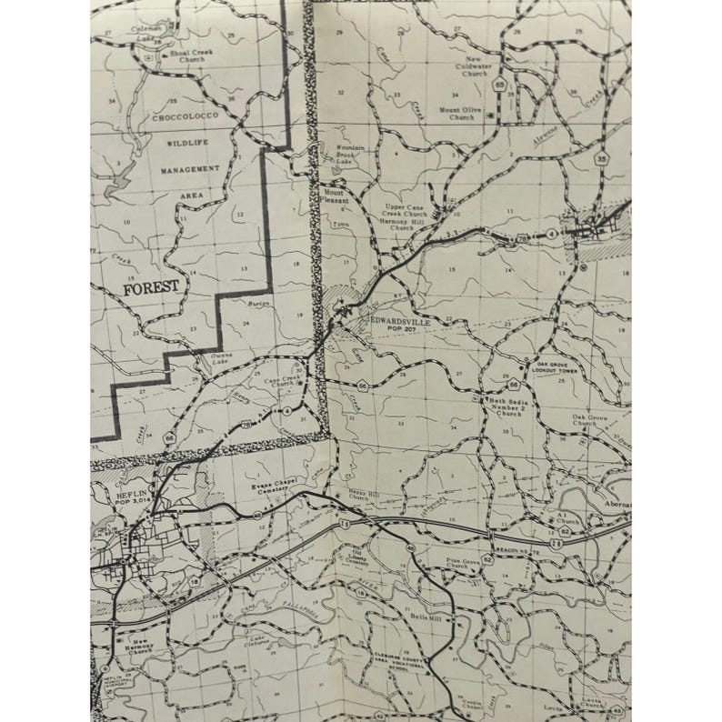 Vintage 1981 Cleburne County, Alabama, snelwegkaart, weg 24 x 18 inch Heflin Ranburne afbeelding 4