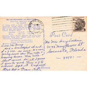Vtg 1969 Lincoln Memorial Postcard Ebb Tide Restaurant Dennisport MA Postmark image 2