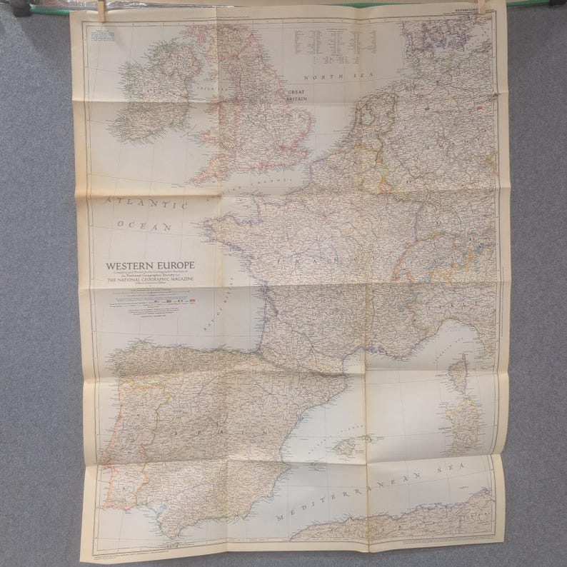 Vtg 1950 National Geographic Western Europe Map WWII Occupation Zones 37x28.5 image 1