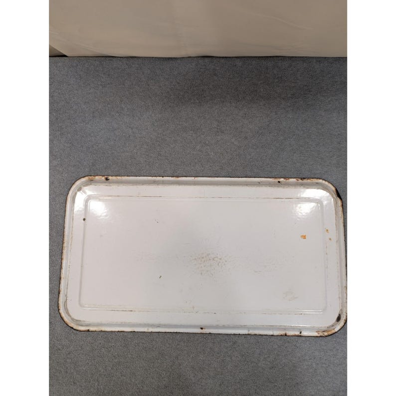 Vintage White Enameled Medical Sterilizing Tray Black Rim Industrial 21" × 11" image 4