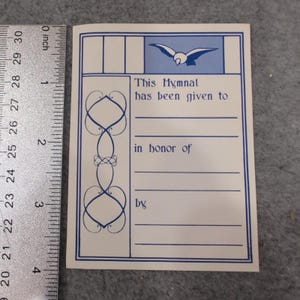 Vintage Blank Blue Dove Hymnal Dedication Bookplate Label Unused Cream Paper image 1
