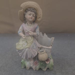 Vintage Porcelain Figurine Girl with Straw Hat Planter Flower Pot Holder 1194 image 1