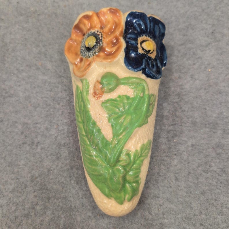 Vintage Japan Ceramic Floral Wall Pocket Vase Embossed Orange Blue Flowers image 1