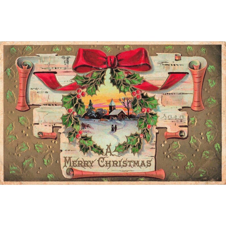 Vintage 1910 Embossed Christmas Postcard Winter Church Wreath Gilded H Wessler image 1