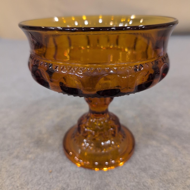 Indiana Glass Co Amber Kings Crown Thumbprint Compote Candy Dish MCM Glassware image 1