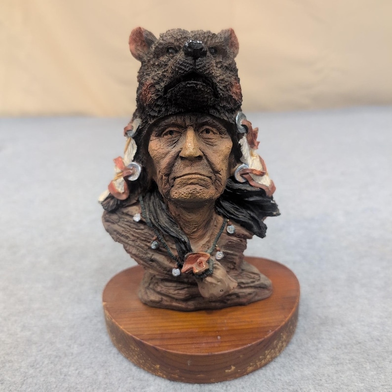 Native American Chief Bust Bear Headdress Feather Necklace Figurine Statue image 1