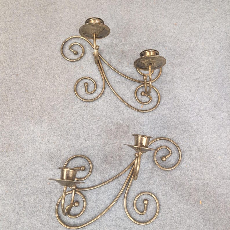 Home Interiors Gifts Brass Scroll Wall Sconce Candle Holder Pair Set of 2 image 1