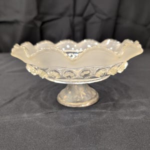 Vintage Frosted Ruffled Glass Compote Bowl Weighted Silver Tone Base image 1