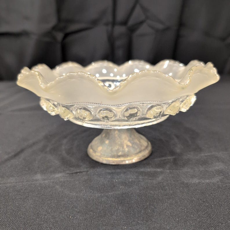 Vintage Frosted Ruffled Glass Compote Bowl Weighted Silver Tone Base image 1