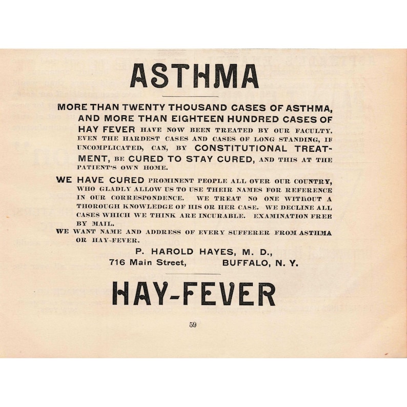 1892 Antique Asthma Hay Fever Treatment Print Advertisement Buffalo NY image 1