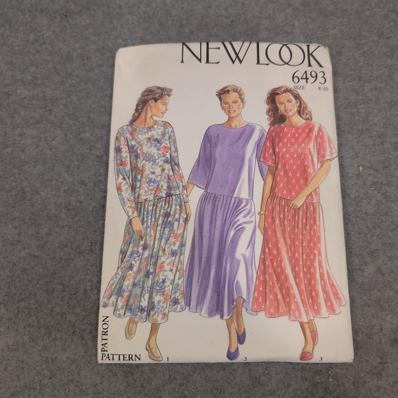 New Look 6493 Sewing Pattern Womens Drop Waist Dress Size 8-20 Vintage 80s 90s image 1