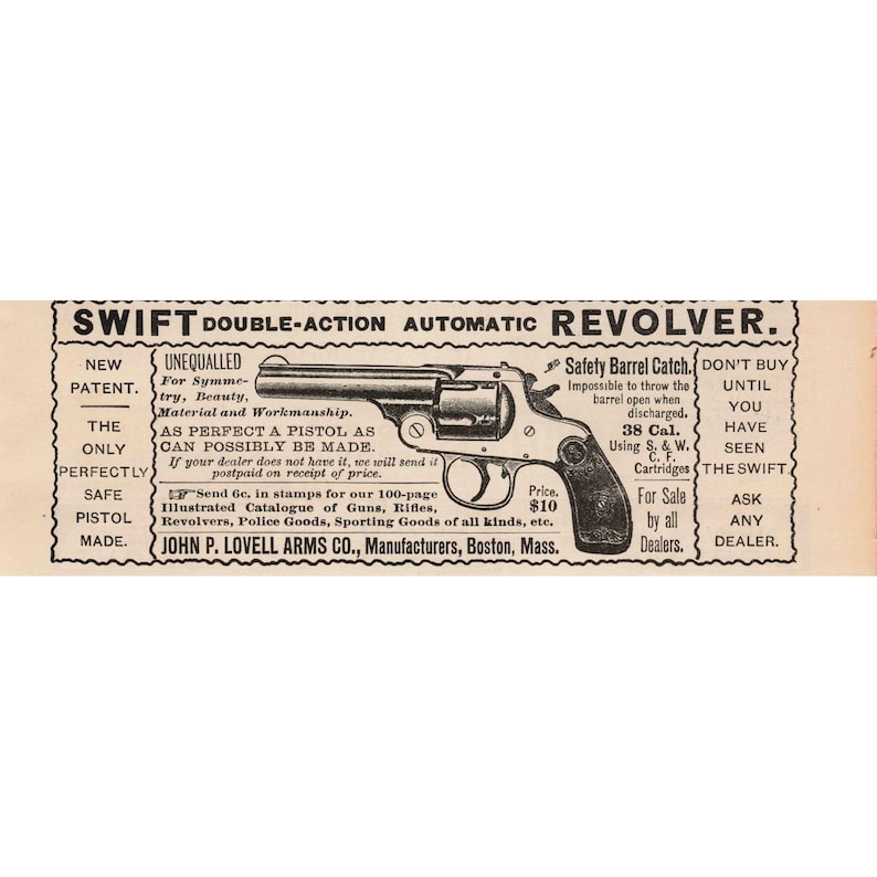 1891 Swift Double Action Automatic Revolver John P Lovell Arms Print Ad image 1
