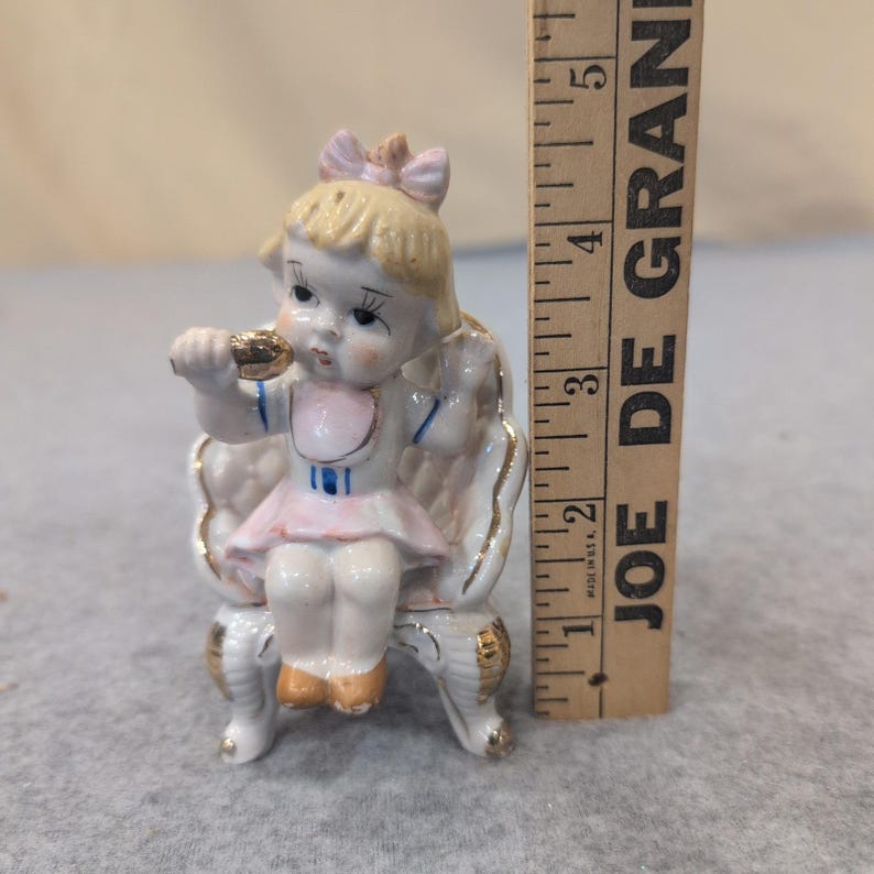 Vtg Porcelain Girl in Chair Figurine Gold Gilt Accents Numbered 2272 Pink Bow image 6