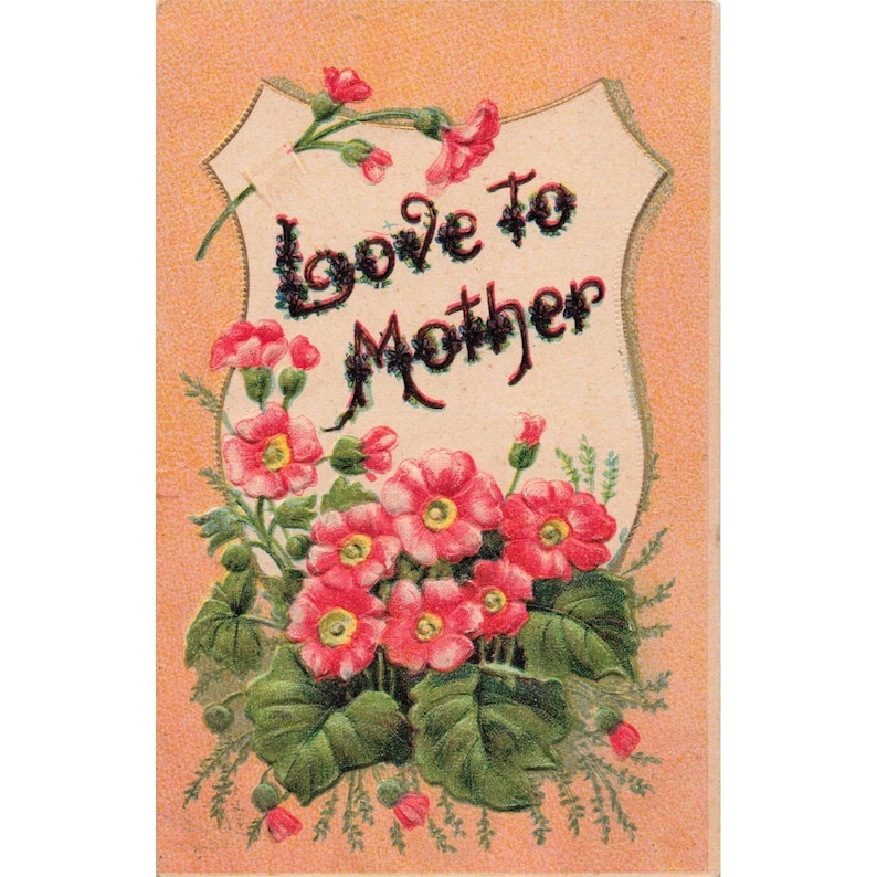 Antike, geprägte RPPC-Postkarte von 1908, Liebesgruß an die Mutter, rosa Blumenmuster, Deutschland, sehr gut erhalten Bild 1