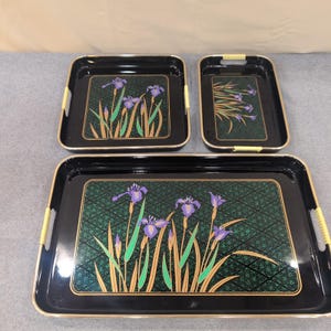 Vintage Japanese Style Black Lacquer Nesting Serving Trays Purple Iris Set of 3 image 1