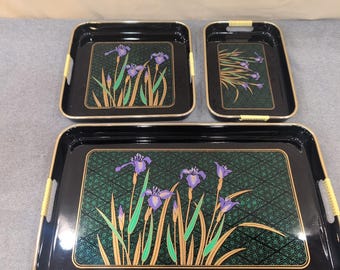 Vintage Japanese Style Black Lacquer Nesting Serving Trays Purple Iris Set of 3