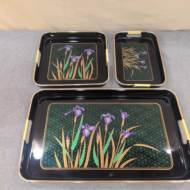 Vintage Japanese Style Black Lacquer Nesting Serving Trays Purple Iris Set of 3 image 1