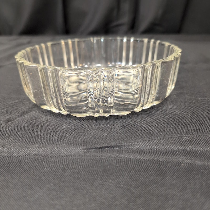 Vintage Clear Pressed Glass Ribbed Bowl Geometric Sunburst Base Candy Dish image 1