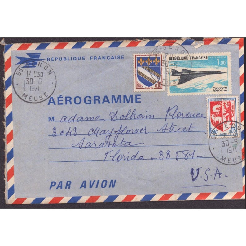 Vintage 1971 French Aerogramme Concorde Stamp Airmail Letter Meuse France to USA image 1