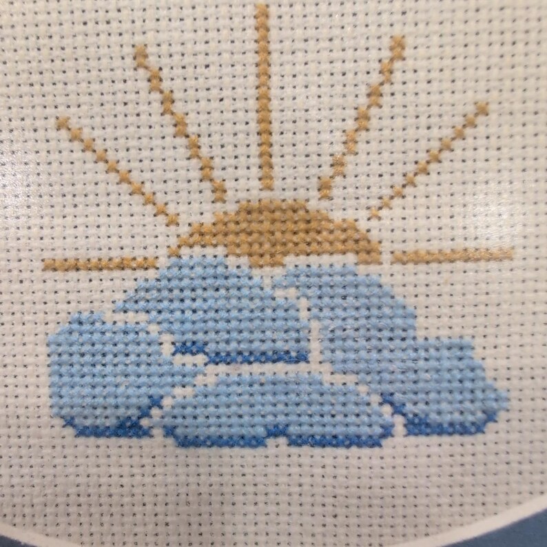 Vintage Cross Stitch Framed Art Sun and Clouds Needlepoint Blue Wood Frame image 3