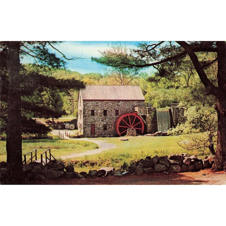 Vintage 1965 Grist Mill Longfellows Wayside Inn Sudbury MA Postcard Red Wheel image 1