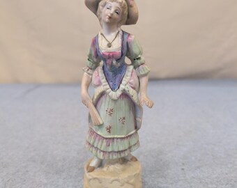 Vintage Hand Painted Porcelain Bisque Lady Figurine with Fan and Hat Pastel