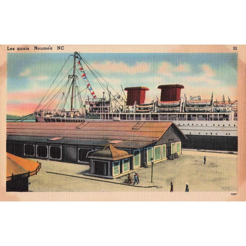 Vintage 1940's Les Quais Noumea NC Postcard Ship Harbor Waterfront Scene France image 1