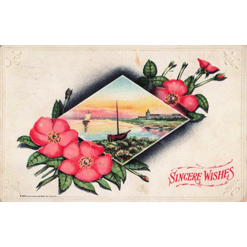 Vintage-Postkarte von 1909 mit dem Aufdruck „Herzliche Wünsche“, rosa Rosen, Segelboot, Sonnenuntergang, Sheboygan, Wisconsin (sehr guter Zustand). Bild 1