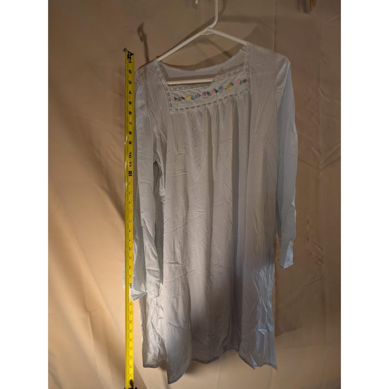 Vintage Light Blue Nightgown Long Sleeve Floral Embroidered Lace Trim Flaw image 4
