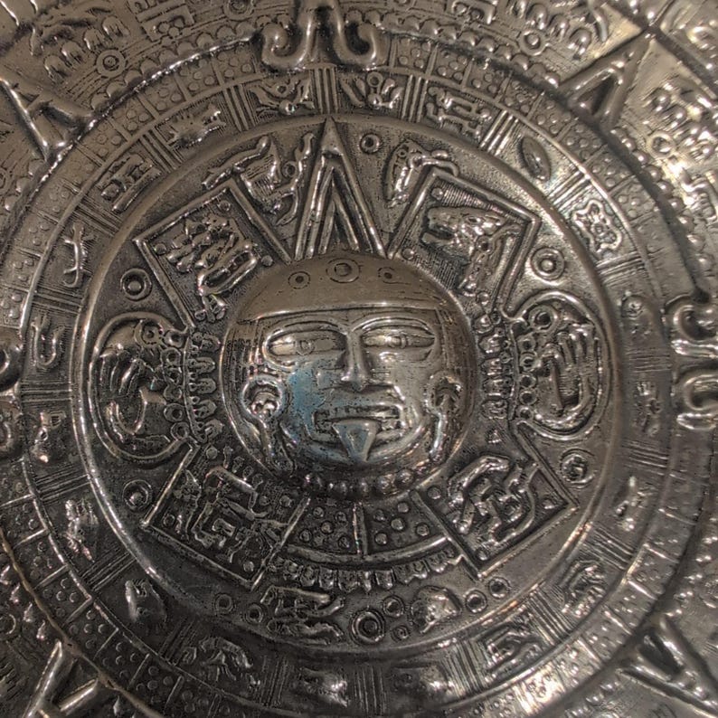Alpaca Mexico Aztec Sun Calendar Plate Abalone Shell Inlay Silver Tone Decor image 2