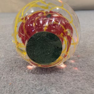 Art Glass Paperweight Red White Mottled Core Yellow Swirl Controlled Bubbles image 4