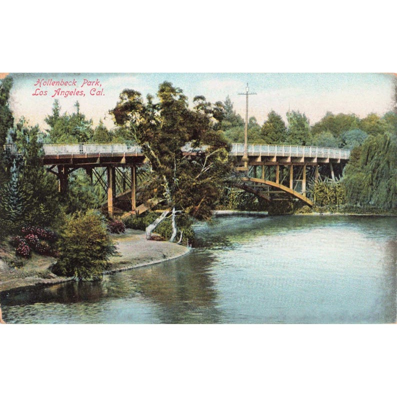 Vintage Hollenbeck Park Los Angeles CA Wooden Bridge RPPC-Style Postcard image 1