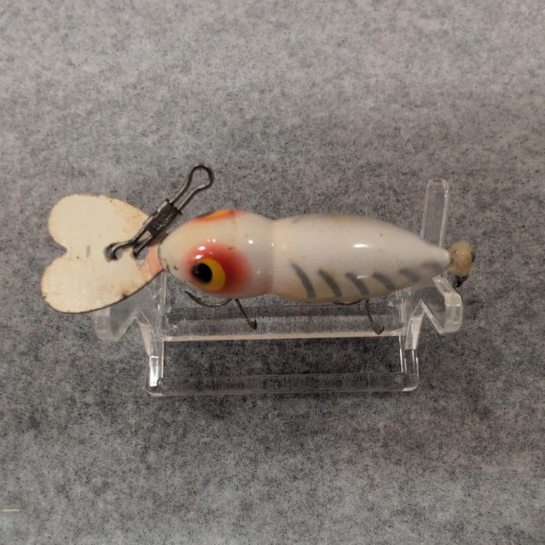 Vintage Whopper Stopper Hellbender Fishing Lure White Orange Eye Propeller Spin image 2