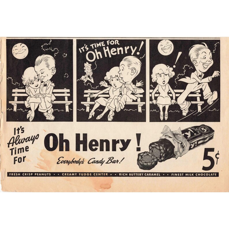 Vintage Oh Henry Candy Bar Magazine Ads Lot 6 Comic Style 5 Cent Confectionery image 4