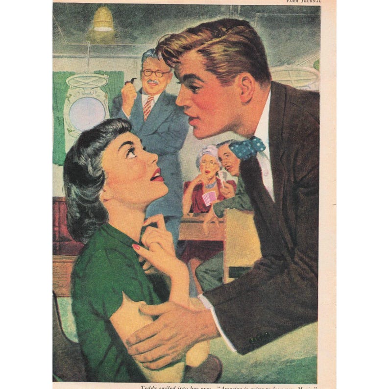 Vintage 1950-tals Farm Journal Magazine Tryckt annons Romantisk illustration Konstdekor bild 1