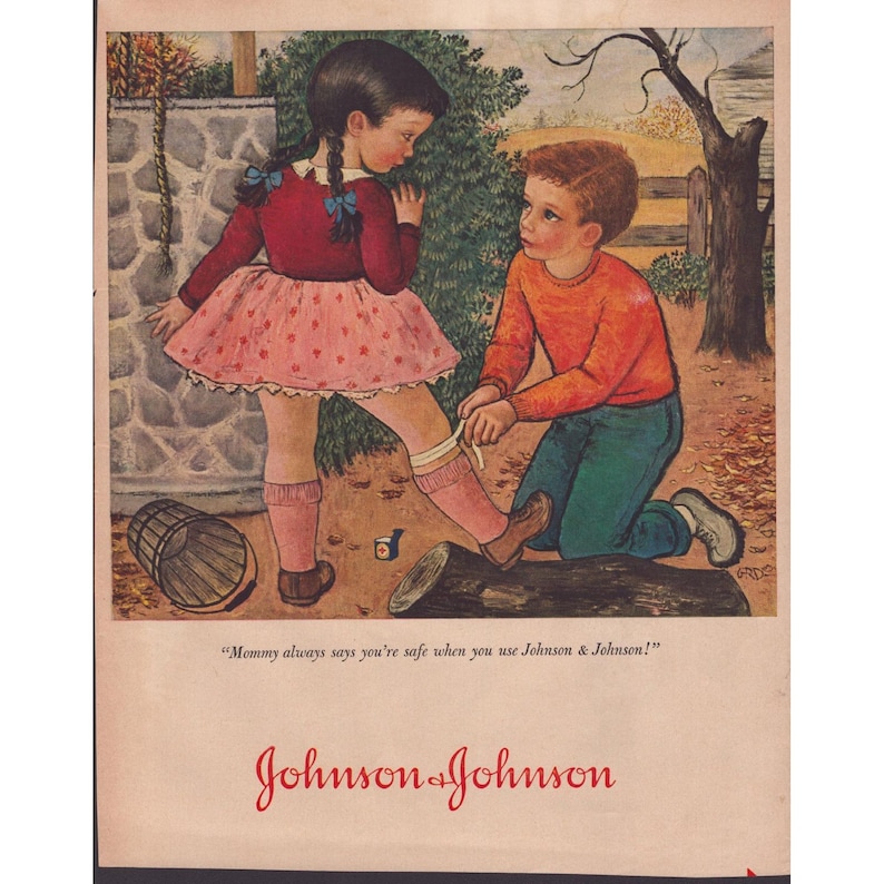 Ilustración de anuncio impreso vintage de Johnson & Johnson sobre primeros auxilios para niños, arte de pared VG+ imagen 1