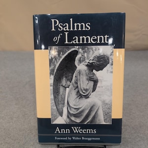 Puede incluir: Un libro de tapa dura titulado "Psalms of Lament" de Ann Weems. La portada presenta una imagen en escala de grises de una estatua de ángel arrodillado con grandes alas. El libro tiene un esquema de color azul marino y beige.