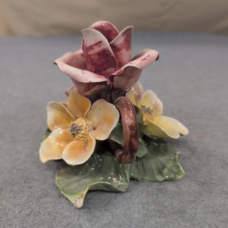 Himark Italy Ceramic Floral Figurine Rose Candle Holder Hand Painted Vintage image 2