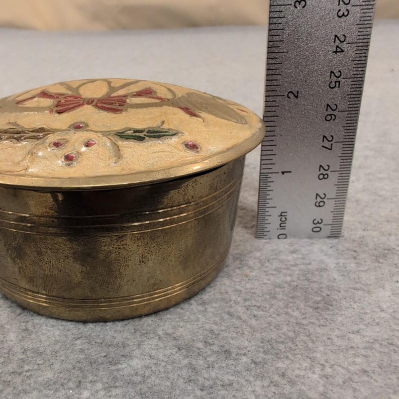 Vintage Brass Trinket Box Decorative Enamel Floral Bow Lid image 6