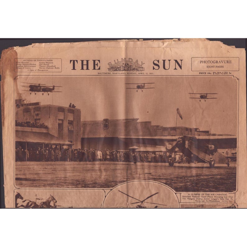 Photogravure vintage du Sunday Sun de Baltimore du 12 avril 1931, section Carnaval aérien image 1