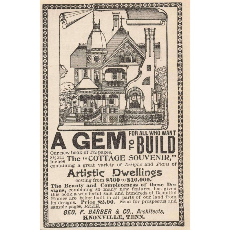 VTG 1892 Print Ad for Architects Book Artistic Dwellings Cottage Souvenir image 1