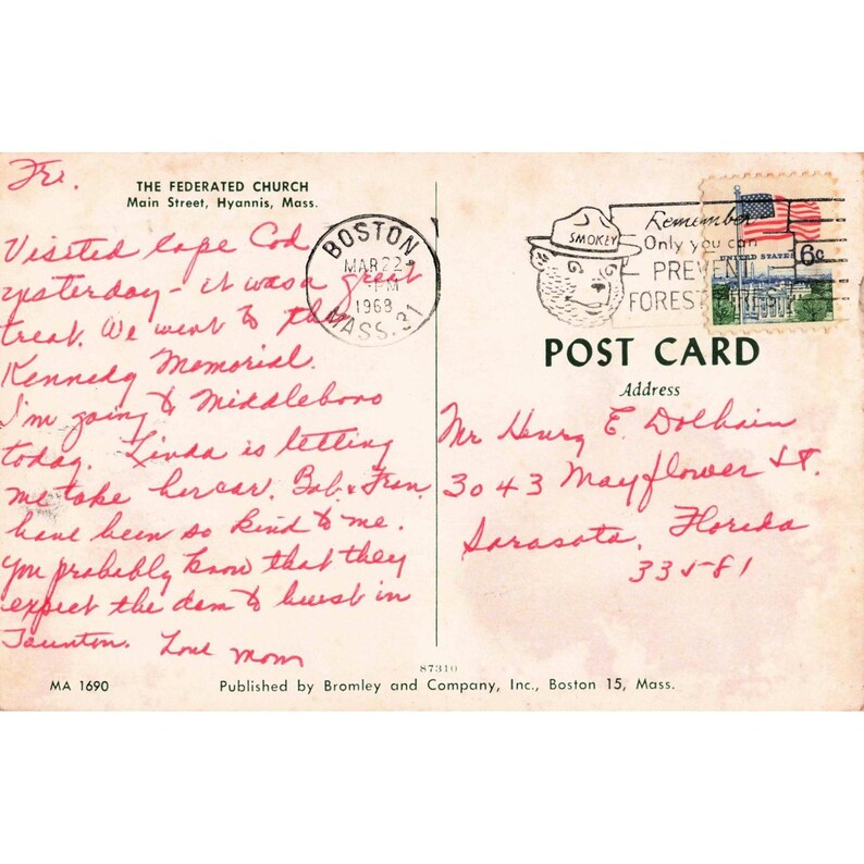 Vintage-Postkarte von 1968, The Federated Church, Hyannis, Massachusetts, MA 1690, Chrom-Poststempel Bild 2