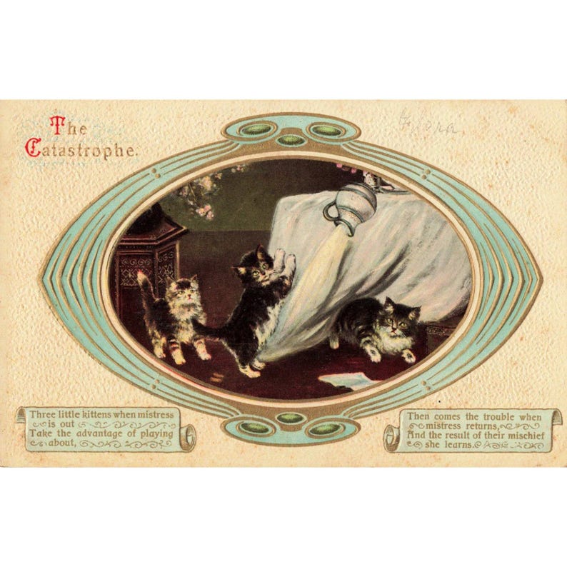 Carte postale ancienne La Catastrophe Trois Petits Chatons Saxe en relief Série 4300 image 1