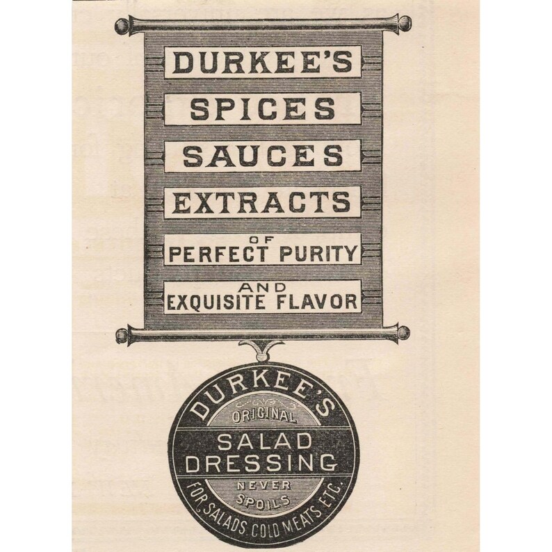 1892 Durkee Original Salad Dressing Vintage Print Advertisement Kitchen Decor image 1